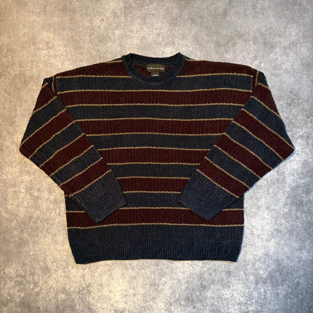 VTG Croft & Barrow Mens XL Striped Chenille Sweater Blue Burgundy Crew Neck Knit